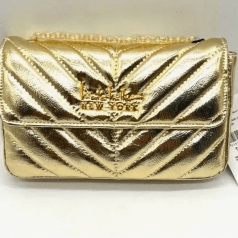 NWT Nicole Miller Gold Vegan Leather Quilted Small Handbag Crossbody Gold Chain